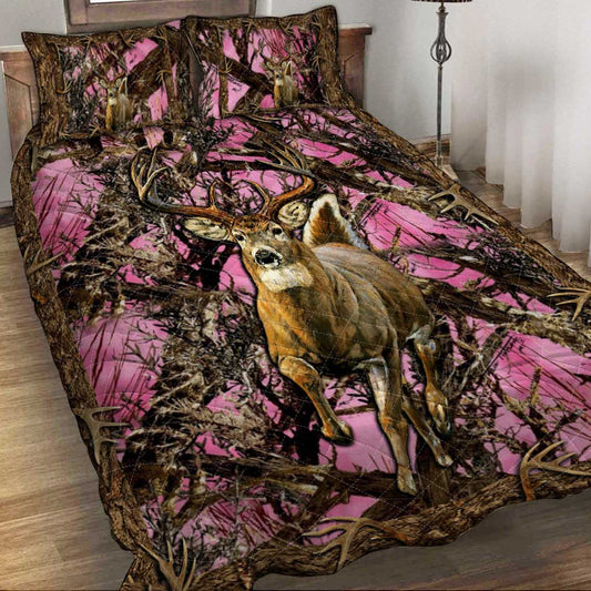 Pink Camo Deer Hunting Hunting  Quilt Set 0622