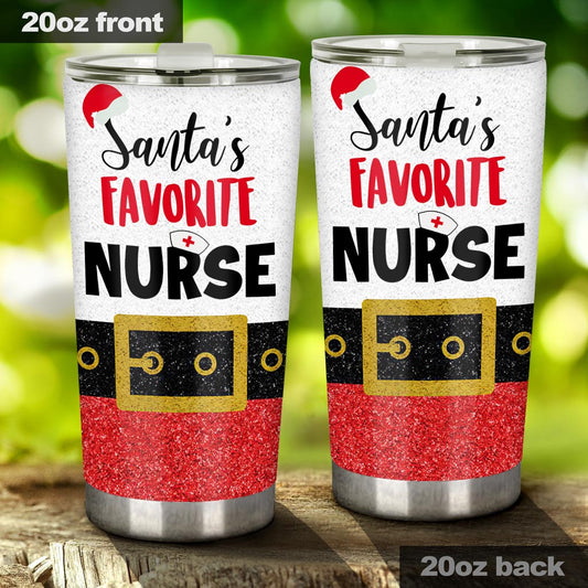 Santa's Favorite Nurse Faux Glitter Print Nurse Tumbler 0622