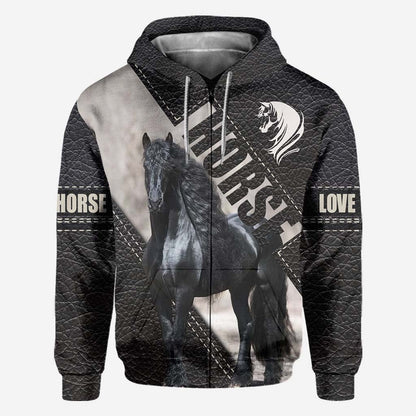 Riding Black Horse All Over T-shirt and Hoodie With Leather Print 0921