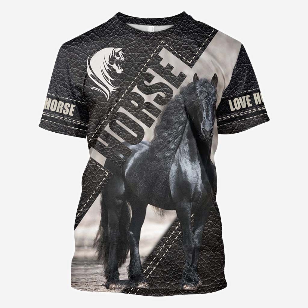 Riding Black Horse All Over T-shirt and Hoodie With Leather Print 0921