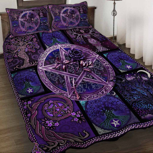 Ace Of Pentacles Purple Rose Pentagram Witch Quilt Set