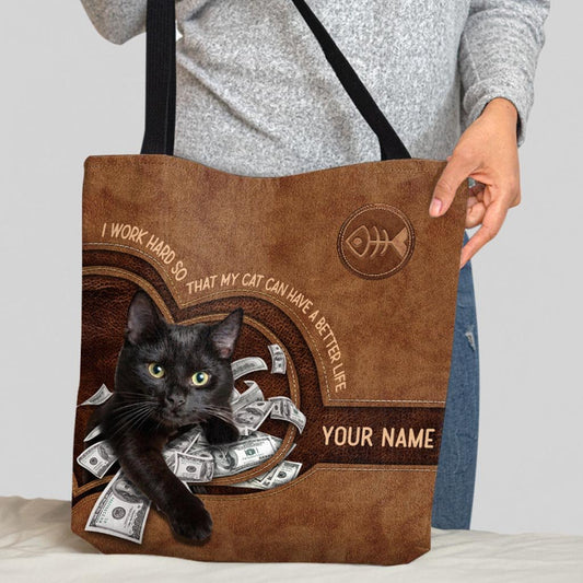 I Work Hard - Black Cat Personalized  Tote Bag