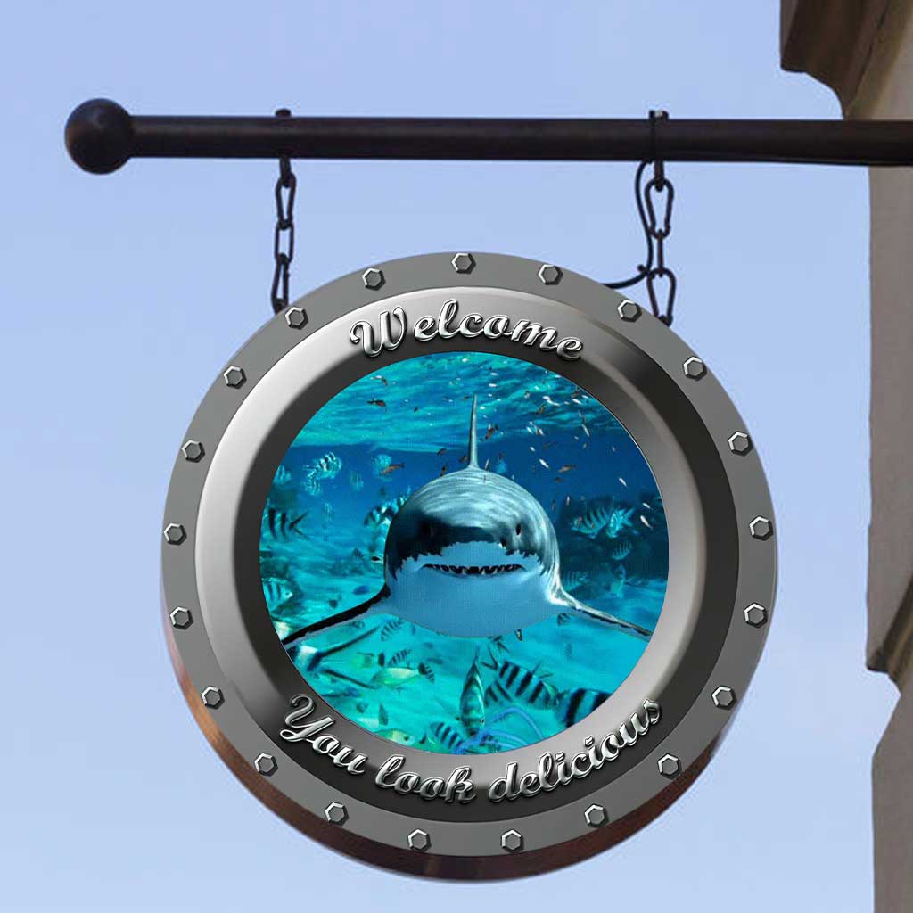 Shark 3D Porthole Round Metal Sign