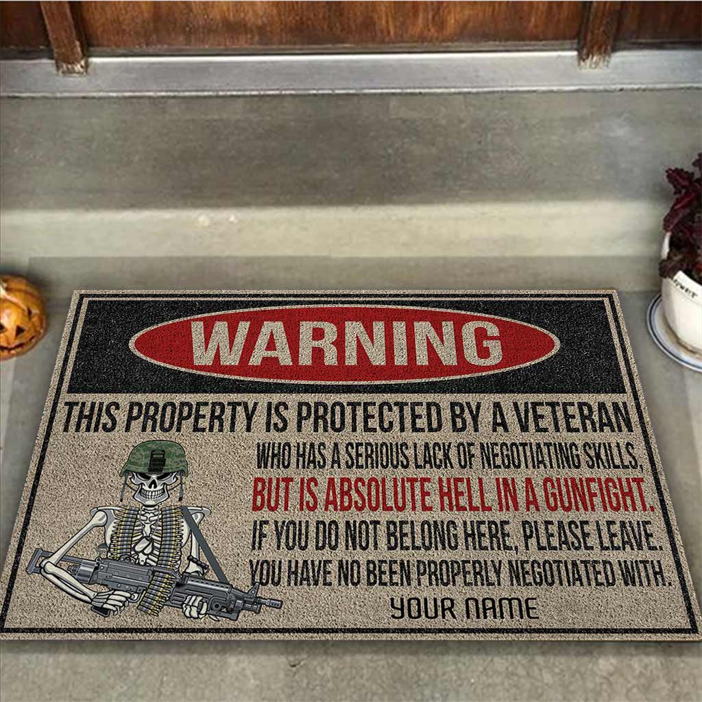 Warning - Veteran Personalized Coir Pattern Print Doormat