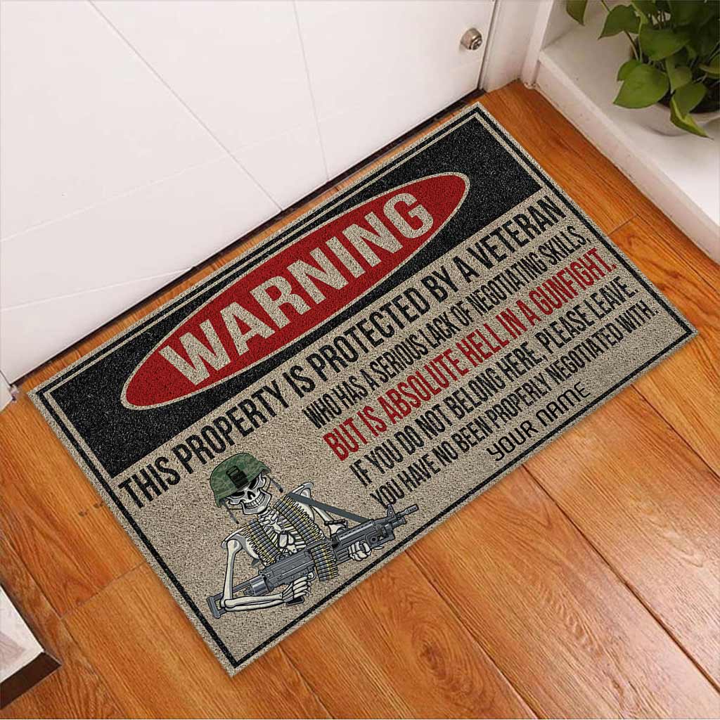 Warning - Veteran Personalized Coir Pattern Print Doormat