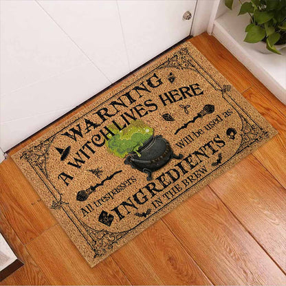 Warning A Witch Lives Here - Witch Coir Pattern Print Doormat