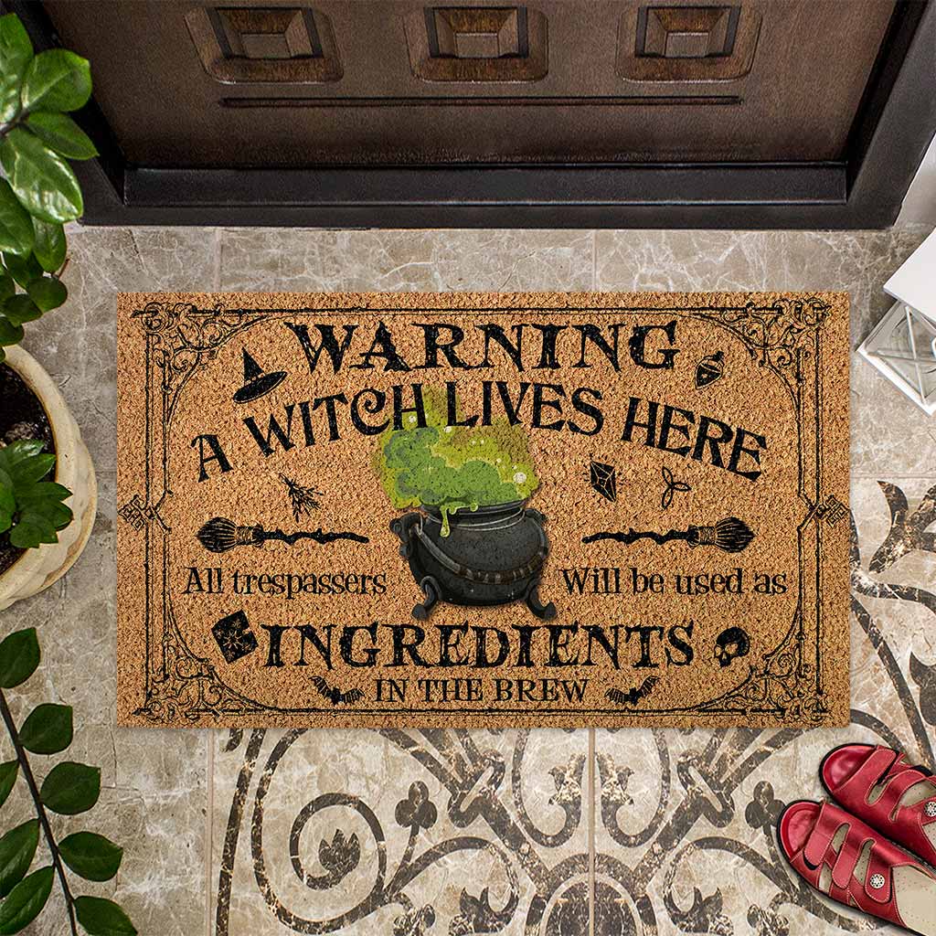 Warning A Witch Lives Here - Witch Coir Pattern Print Doormat