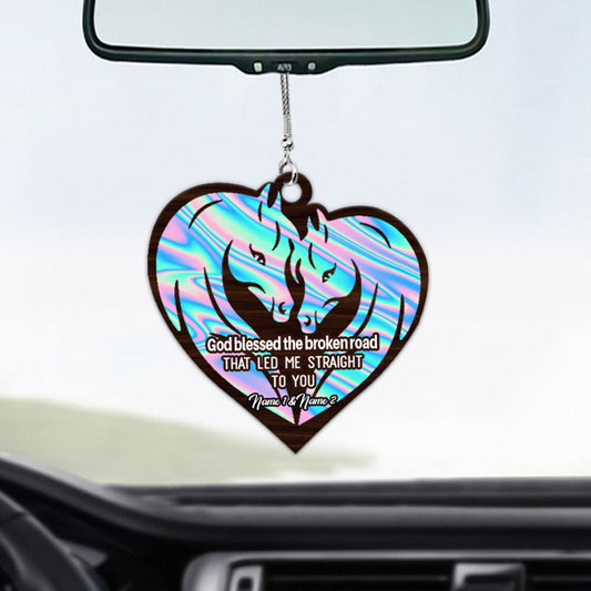 God Blessed The Broken Road - Personalized Couple Horse Car Ornament (Printed On Both Sides)