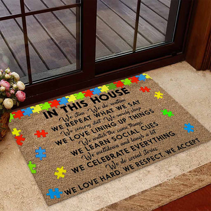 In This House We Never Give Up - Autism Awareness Coir Pattern Print Doormat