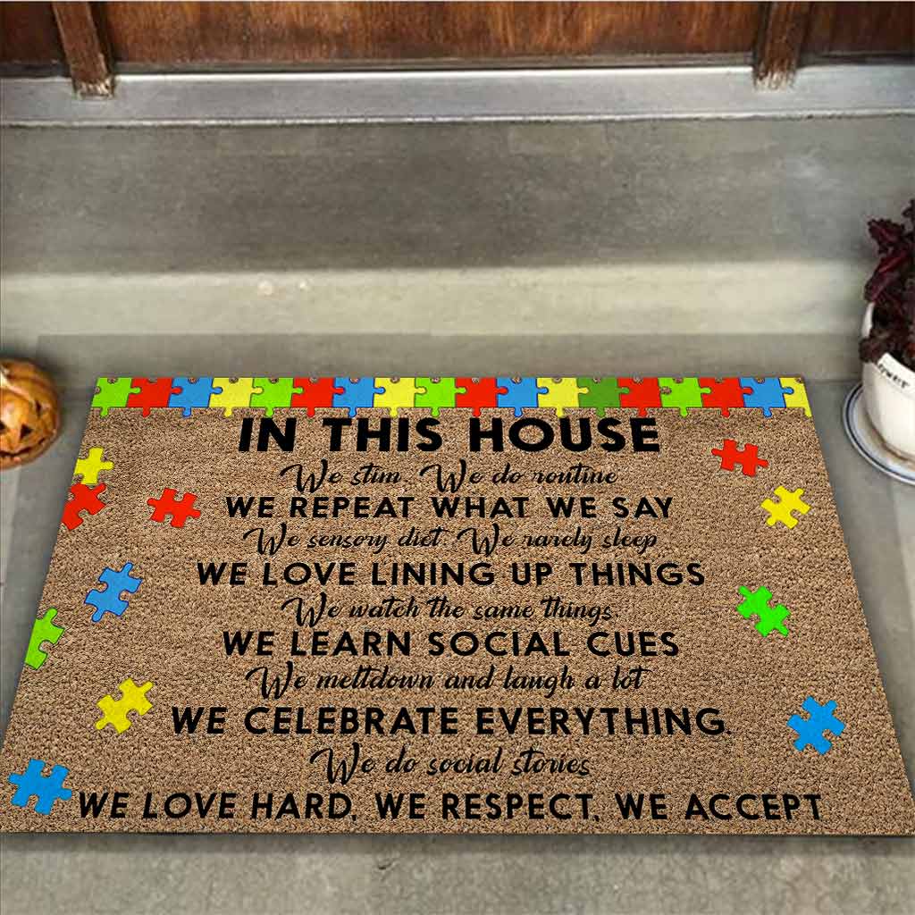 In This House We Never Give Up - Autism Awareness Coir Pattern Print Doormat