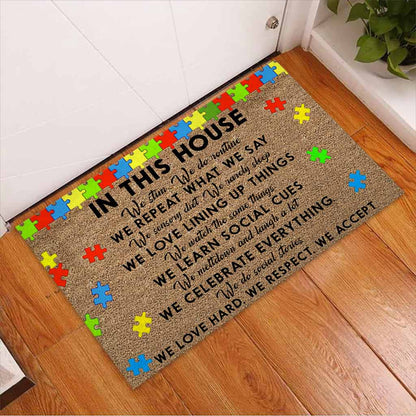 In This House We Never Give Up - Autism Awareness Coir Pattern Print Doormat