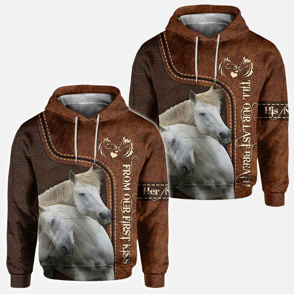 From Our First Kiss Till Our Last Breath - Personalized Couple Horse All Over T-shirt and Hoodie With Leather Pattern Print