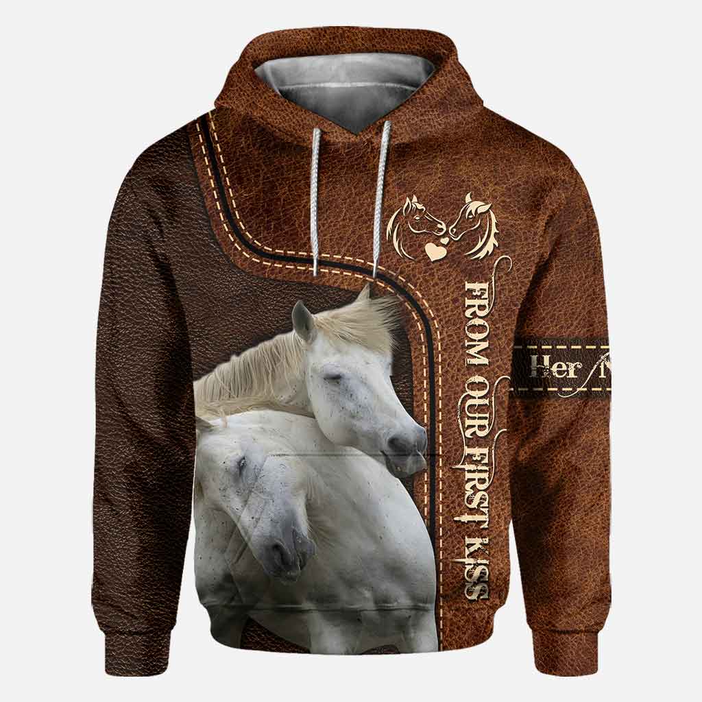 From Our First Kiss Till Our Last Breath - Personalized Couple Horse All Over T-shirt and Hoodie With Leather Pattern Print