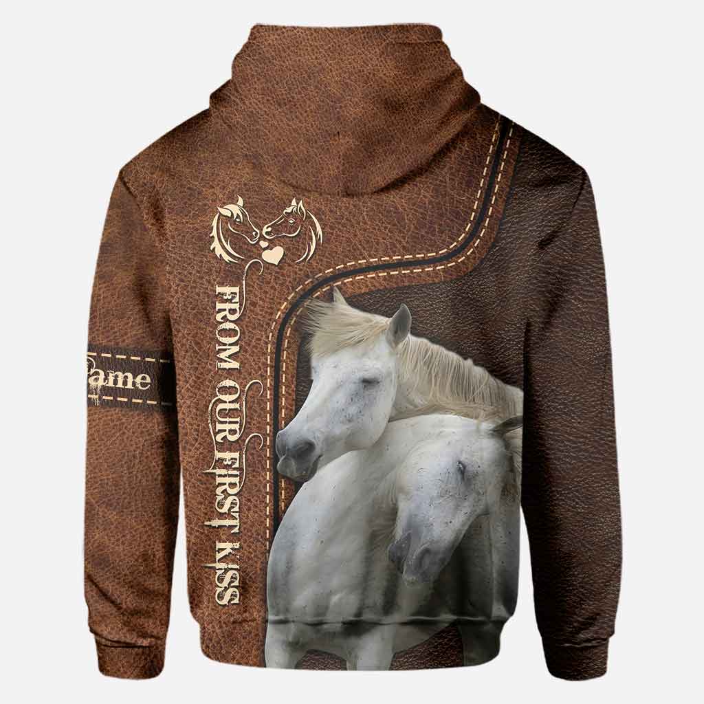 From Our First Kiss Till Our Last Breath - Personalized Couple Horse All Over T-shirt and Hoodie With Leather Pattern Print