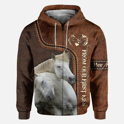 From Our First Kiss Till Our Last Breath - Personalized Couple Horse All Over T-shirt and Hoodie With Leather Pattern Print