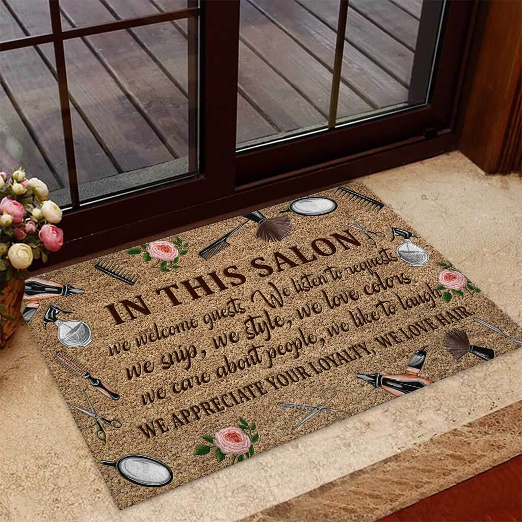 In This Salon We Welcome Guests - Hairdresser Coir Pattern Print Doormat