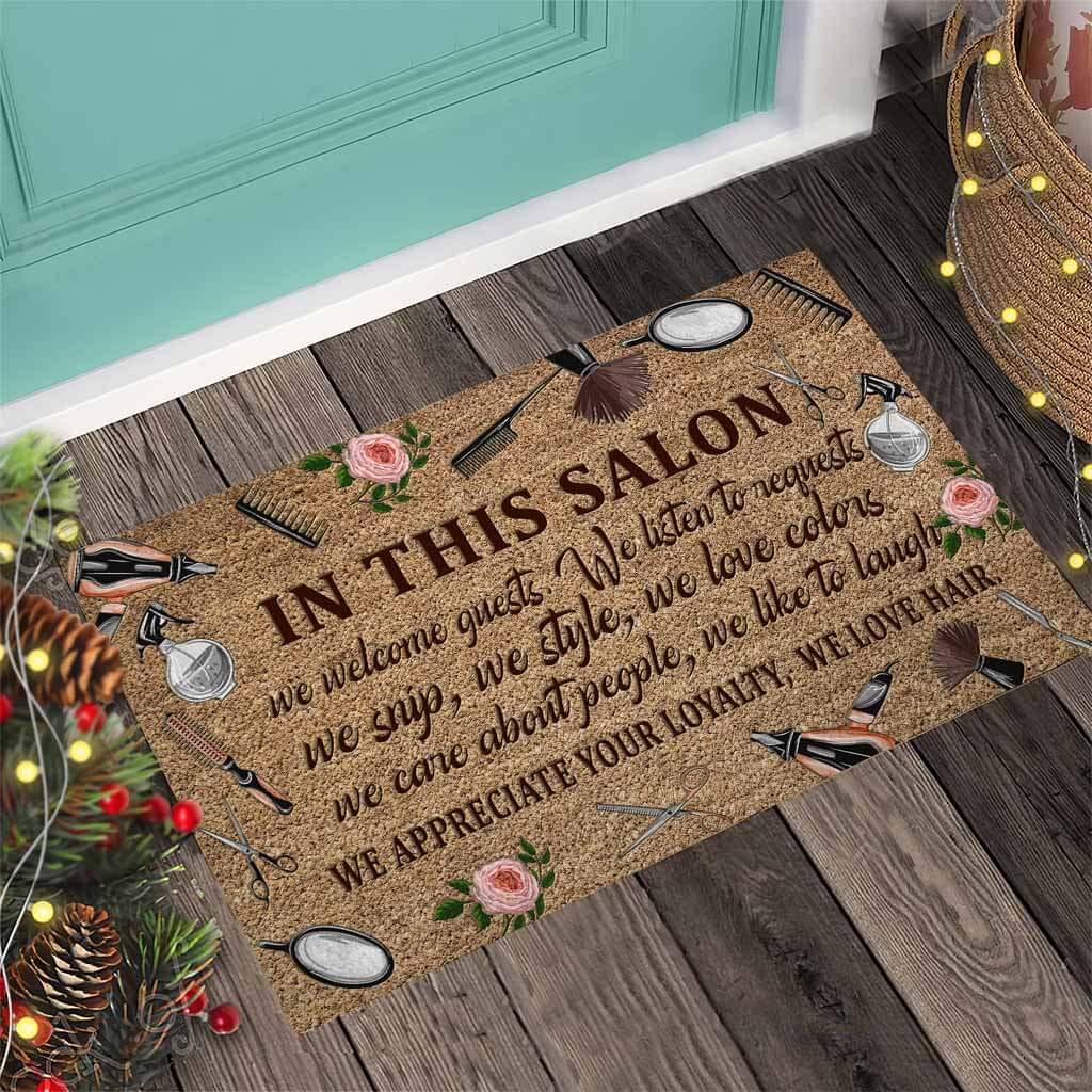 In This Salon We Welcome Guests - Hairdresser Coir Pattern Print Doormat