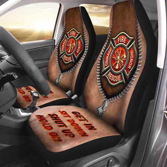 Get In Sit Down Shut Up Hold On - Firefighter Seat Covers With Leather Pattern Print